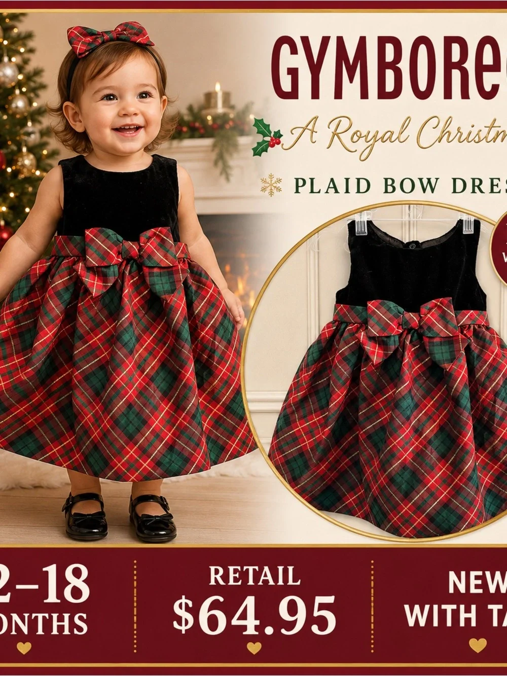 Girls Black Velvet Top Red & Green Plaid Bow Skirt